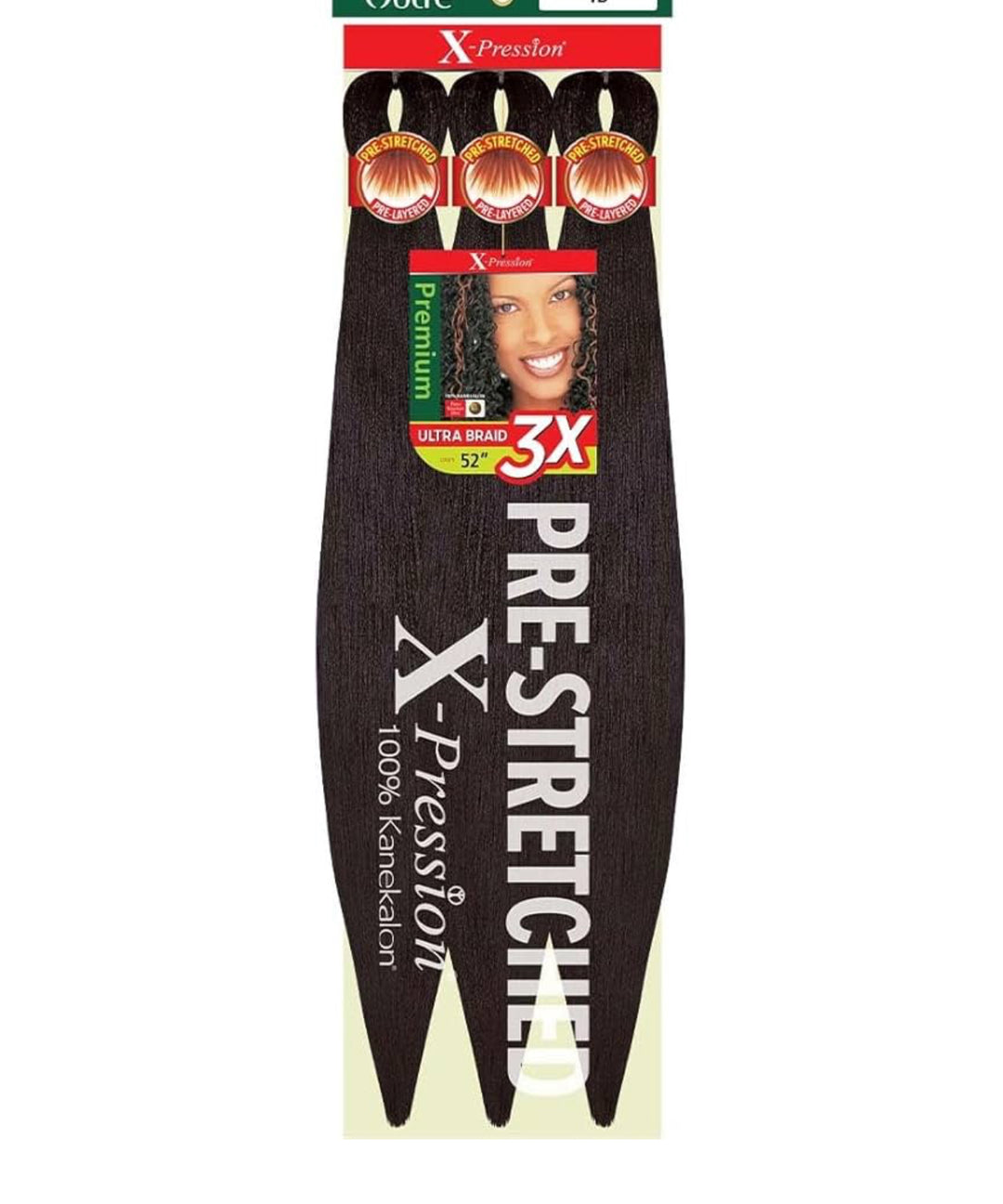A package of X-Pression Premium Ultra Braid 52 pre-stretched synthetic hair extensions from Jazz Beauty Supply, featuring three bundles of dark hair and an image of a smiling woman with braid extensions on the front.