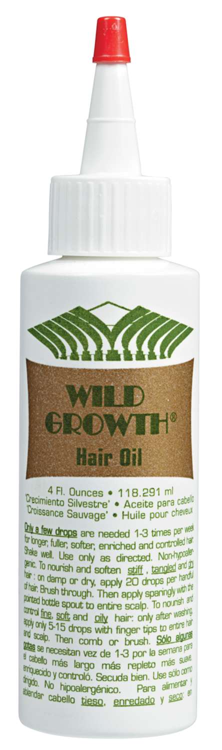 A white plastic bottle of Wild Growth Hair Oil from Jazz Beauty Supply Detroit, featuring a red-tipped applicator, green and gold label, and usage instructions printed in English, Spanish, and French.