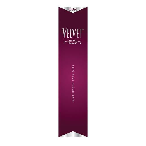 A burgundy packaging label with silver tips displays the brand Velvet Remi by Outre, available at Jazz Beauty Supply in Detroit, with the text 100% Remi Human Hair written vertically in the center.