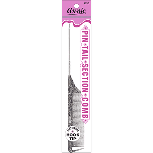A package of Annie brand Pin Tail Section Comb featuring a long, pointed metal tip and a textured black handle. Available at Jazz Beauty Supply in Detroit, the packaging is white and pink with Pin Tail Section Comb written vertically.