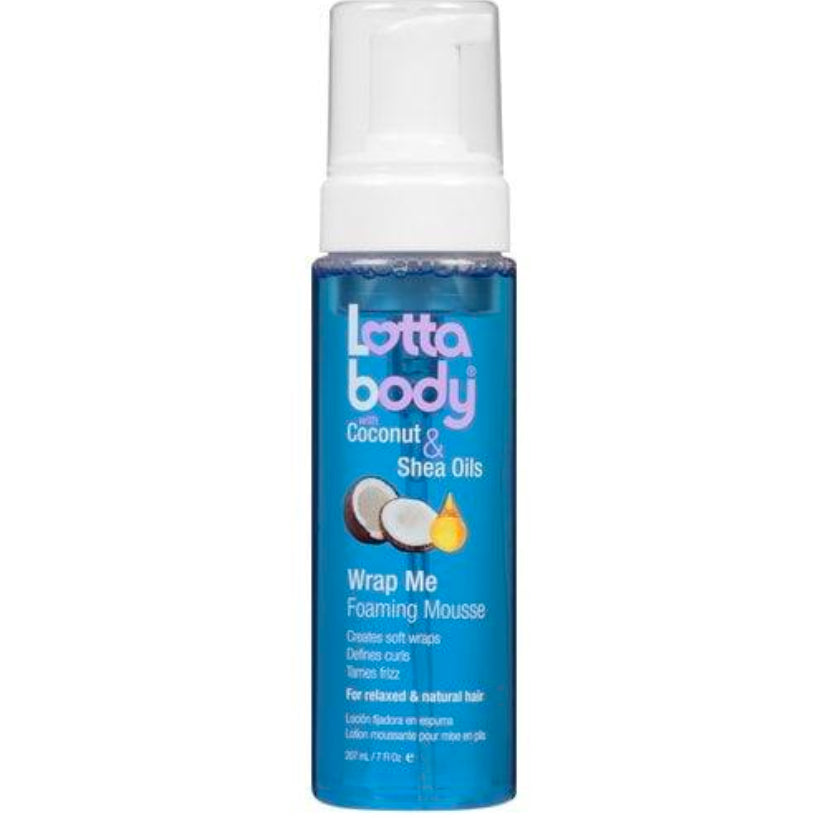 A bottle of Lottabody Wrap Me Foaming Mousse with coconut and shea oils, featuring a blue label and images of coconut and a droplet. Available at Jazz Beauty Supply in Detroit, it defines curls and controls frizz for relaxed and natural hair.