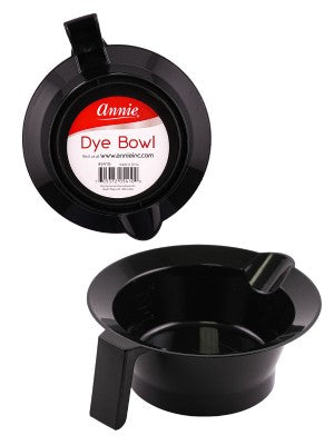 Two black plastic hair dye bowls are shown—one top view reveals a red and white Annie Dye Bowl label from Jazz Beauty Supply Detroit, and the other is angled to highlight the handle and pouring spout.