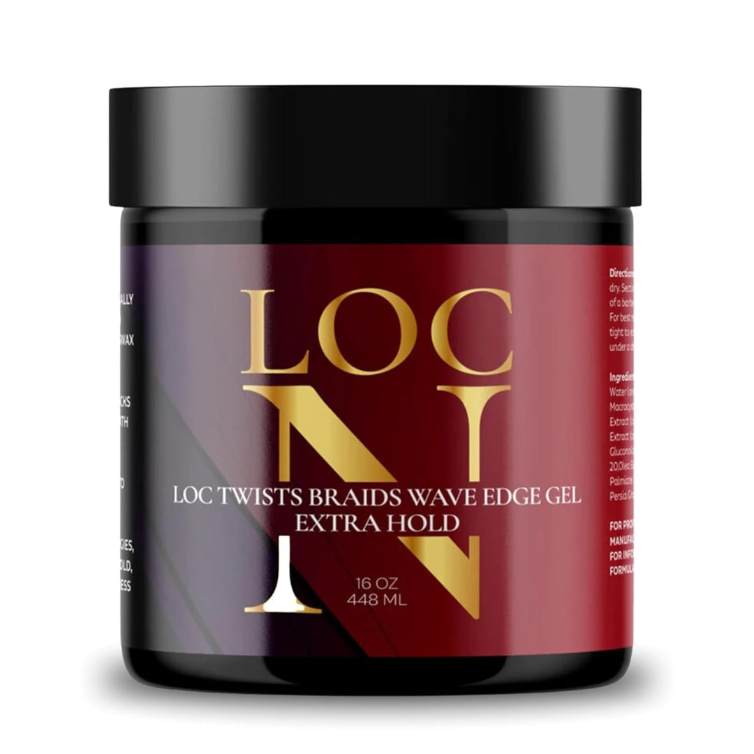 A black and burgundy jar labeled LOC N LOC TWISTS BRAIDS WAVE EDGE GEL EXTRA HOLD, 16 oz (448 mL), with a gold and white logo and black lid, perfect for hair styling and extra hold—available at Jazz Beauty Supply in Detroit.