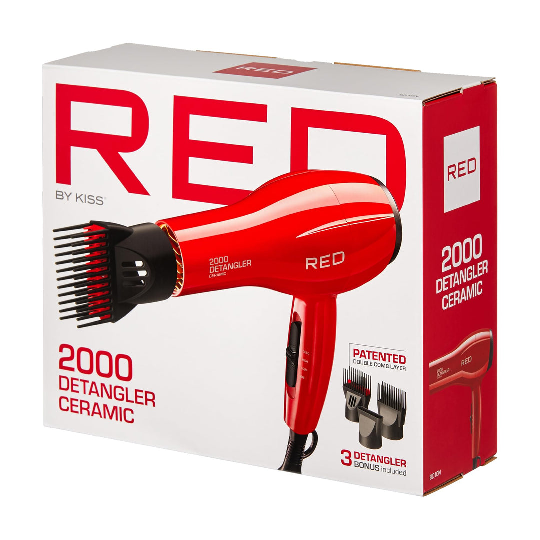 A box for a RED by Kiss 2000 Detangler Ceramic hair dryer from Jazz Beauty Supply in Detroit. The packaging showcases a large image of the red dryer with comb attachment, highlights the product name, and lists three detangler attachments.