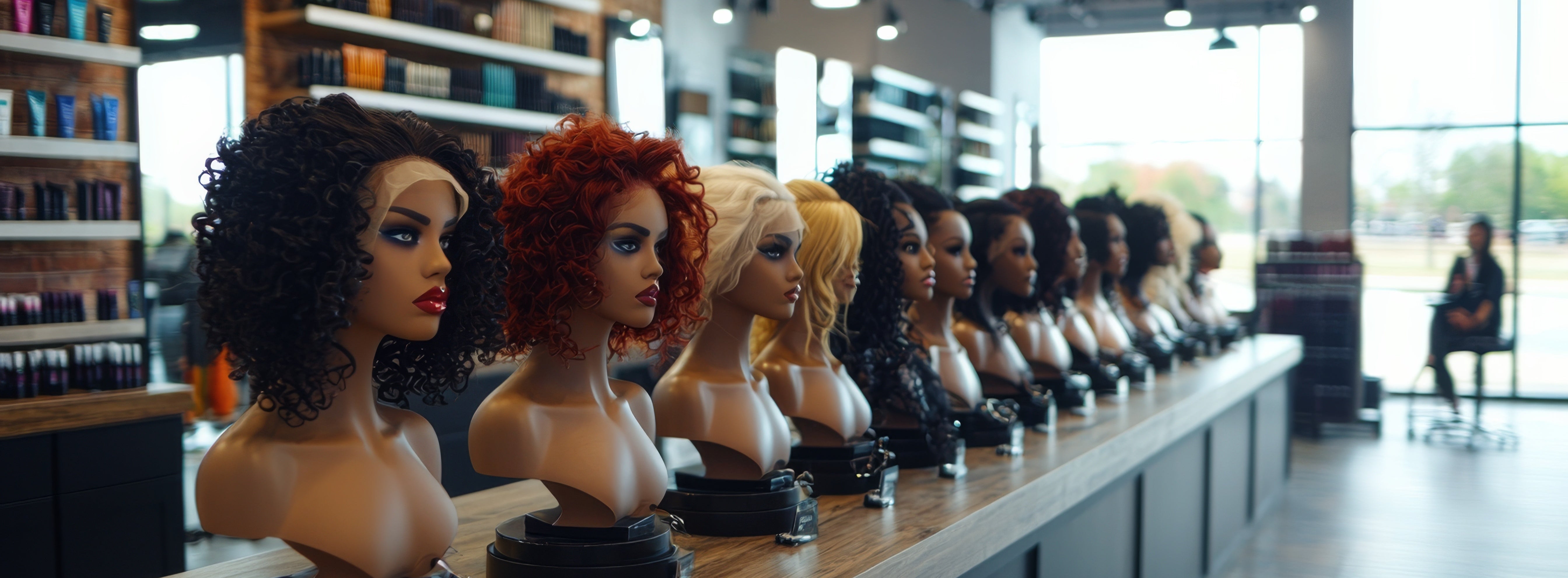 A row of mannequin heads with various curly and wavy wigs in different colors is displayed on a long counter inside Jazz Beauty Supply in Detroit. Shelves with hair products line the background, showcasing their modern selection.