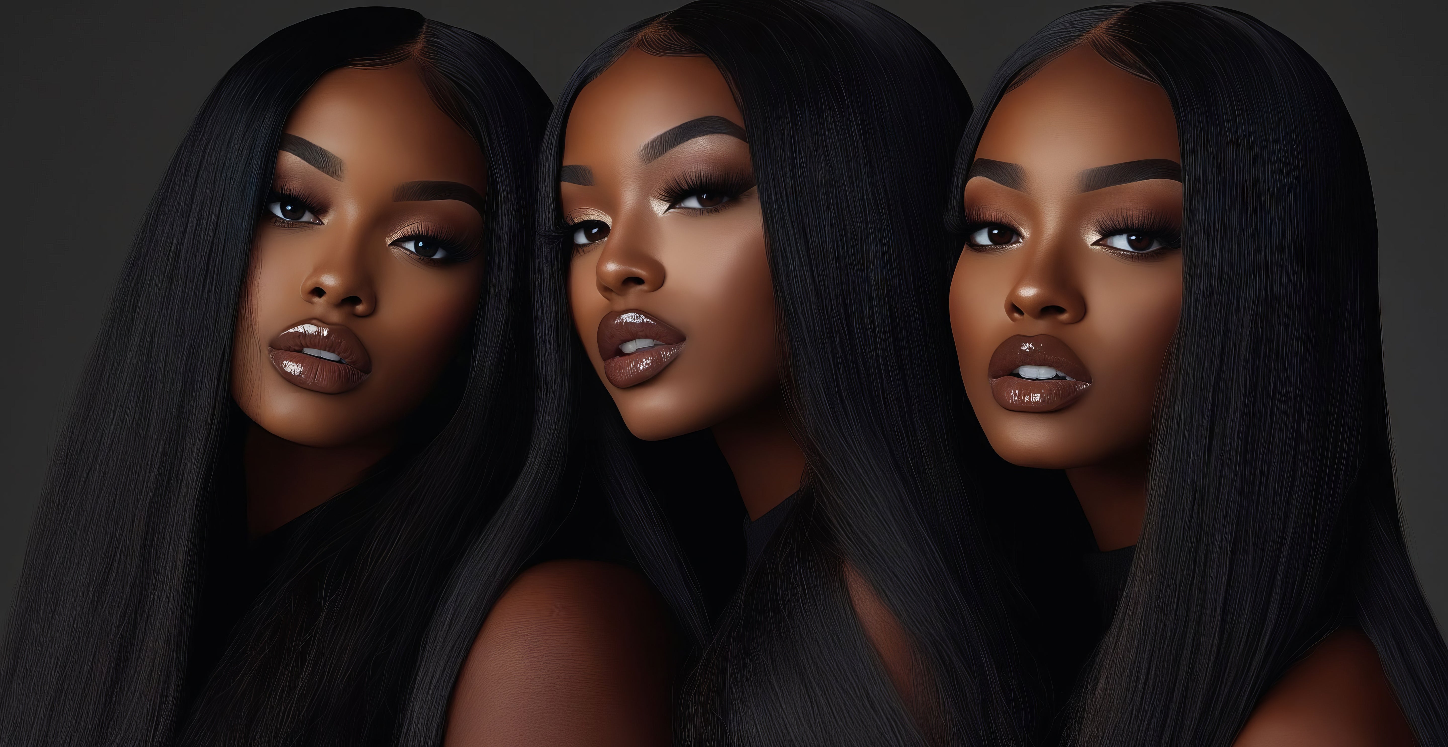 Three women with long, straight black hair, flawless makeup, and glossy lips pose closely together against a dark background, capturing the striking elegance that defines Detroit style and the glamour of Jazz Beauty Supply.