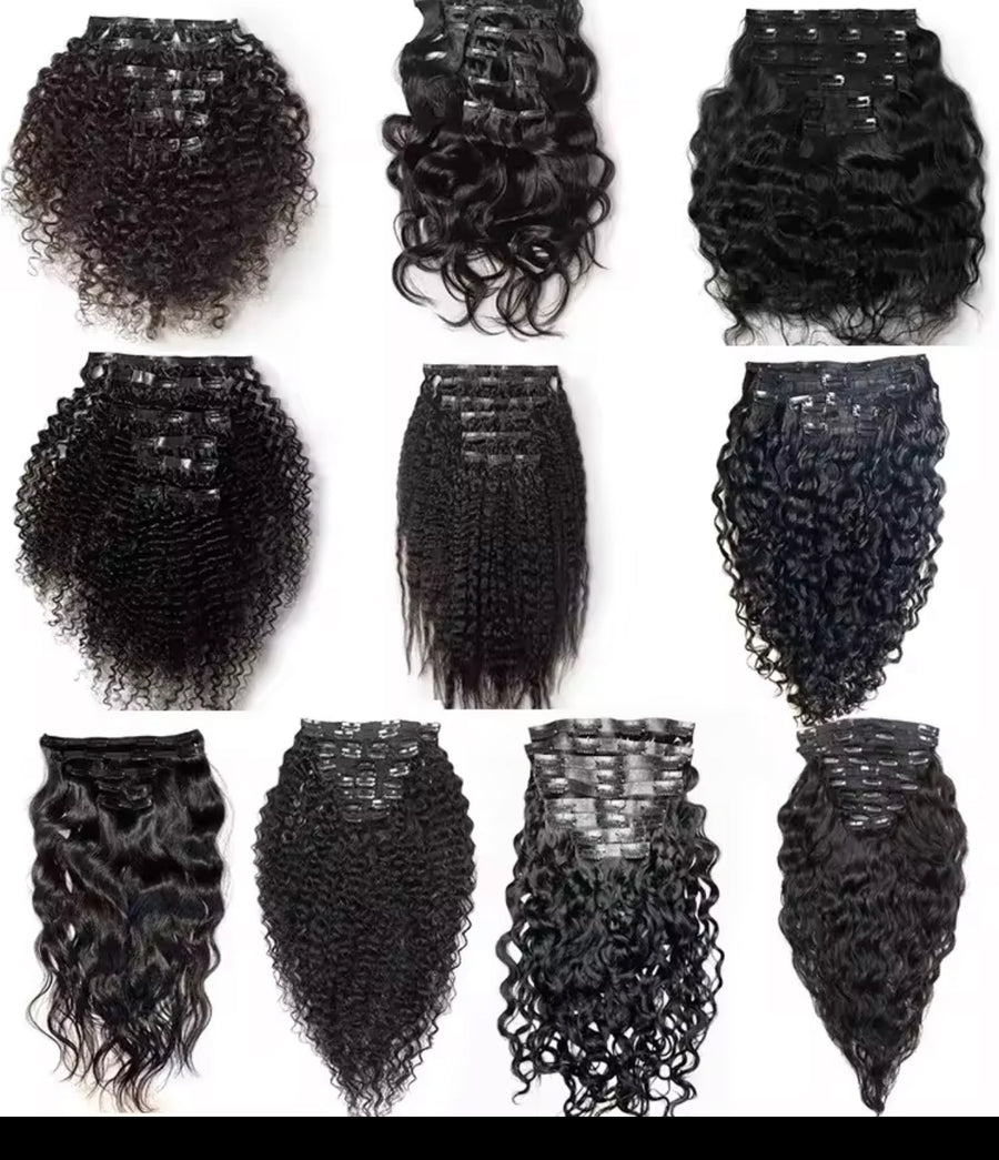 Nine bundles of hair extensions in curly, wavy, and straight styles are arranged in a 3x3 grid on a white background, showcasing the diverse selection available at Jazz Beauty Supply in Detroit.
