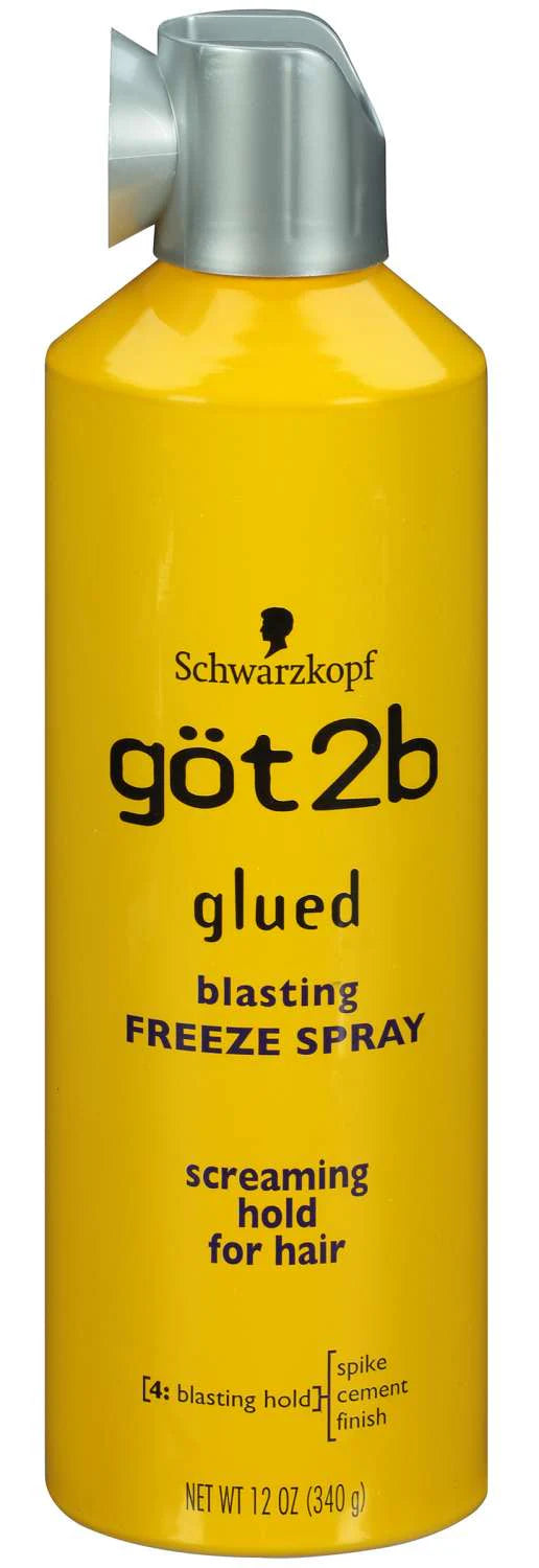 A yellow can of göt2b glued blasting freeze spray by Schwarzkopf, found at Jazz Beauty Supply in Detroit, with a silver nozzle and black text stating screaming hold for hair and spike cement finish, net weight 12 oz (340g).