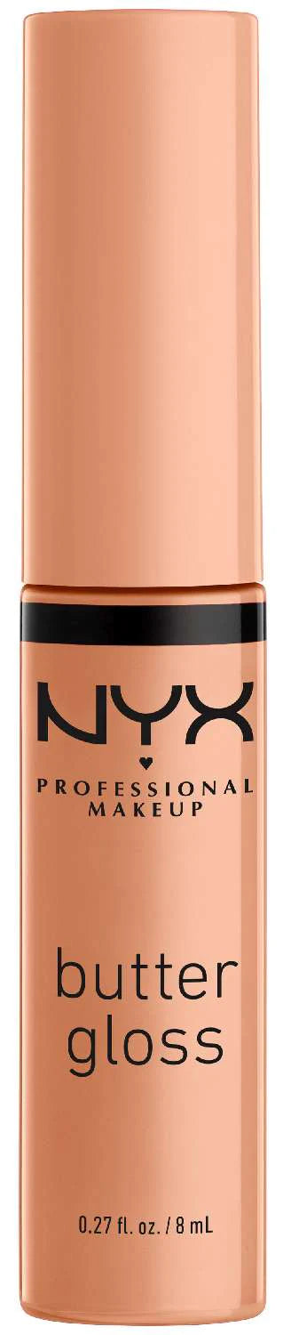 A peach-colored tube of NYX Professional Makeup Butter Gloss from Jazz Beauty Supply Detroit, 0.27 fl. oz. (8 mL), stands upright with black and peach text on the packaging.