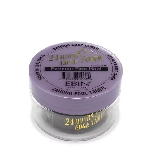 A round, clear plastic container with a purple lid labeled 24 Hour Edge Tamer Extreme Firm Hold by Ebin New York, containing hair styling gel, available at Jazz Beauty Supply in Detroit.