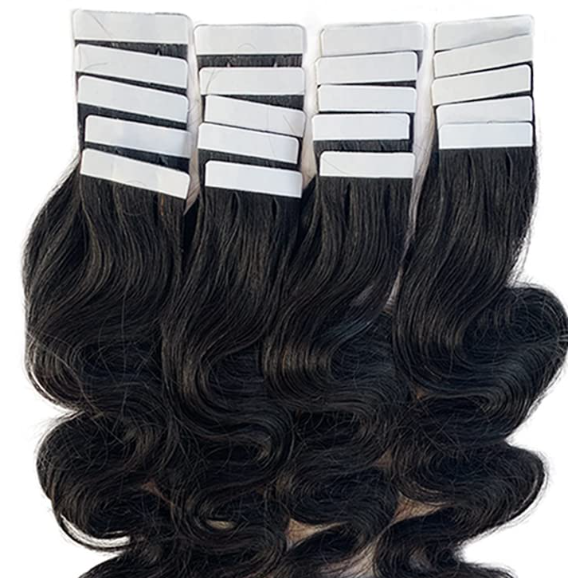 Bundles of dark wavy hair extensions with adhesive white tabs attached at the top, arranged side by side and fanned out—available at Jazz Beauty Supply in Detroit.