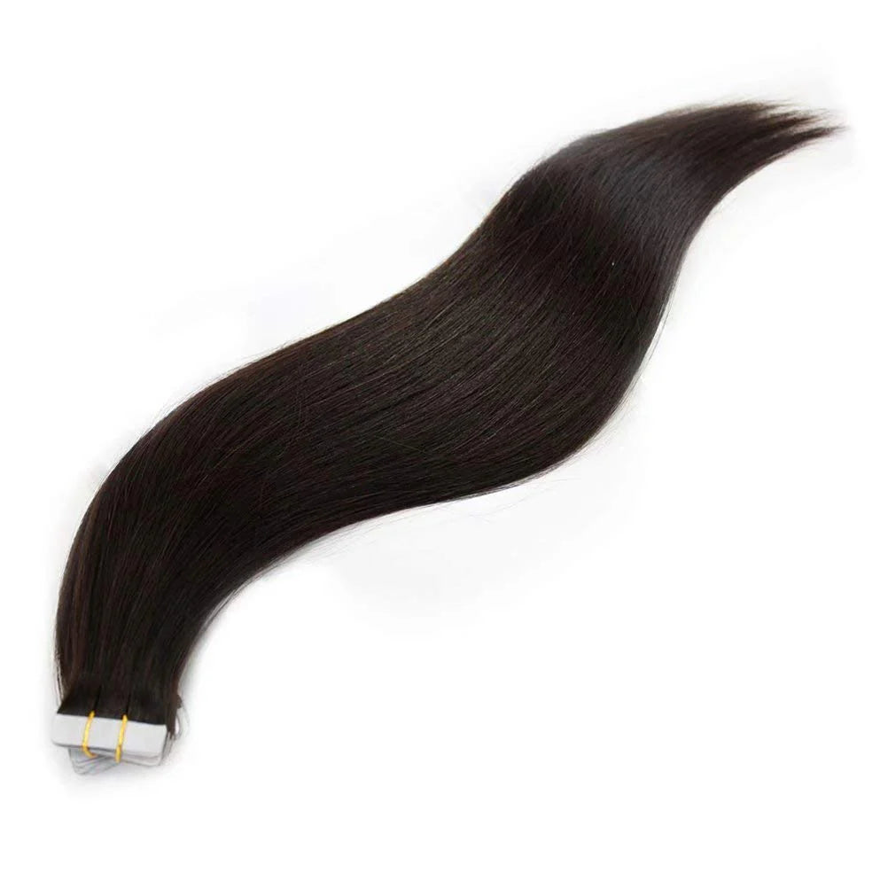 A single, dark brown, straight hair extension from Jazz Beauty Supply with adhesive tape at the top, lying flat on a white background. Perfect for adding length and style, inspired by Detroits trendsetting beauty scene.