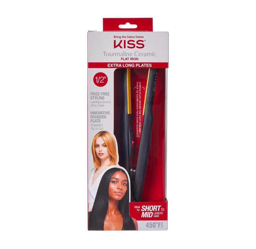 KISS Tourmaline Ceramic Flat Iron in packaging, featuring images of two women with straight hair. Available at Jazz Beauty Supply in Detroit, the box highlights extra-long plates, frizz-free styling, and a 450°F maximum temperature.