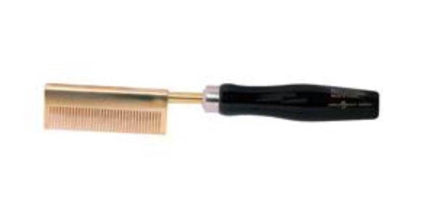 A gold-colored hot comb with a black handle, designed for straightening hair, available at Jazz Beauty Supply in Detroit.