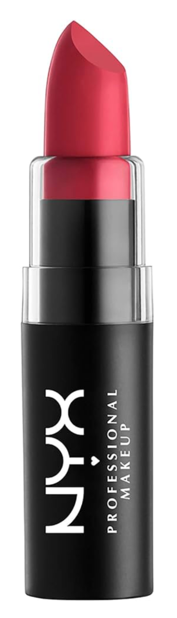 A tube of NYX Professional Makeup lipstick in a bold pink shade, shown with the cap removed and the lipstick twisted up in a matte black tube with white branding, available at Jazz Beauty Supply in Detroit.